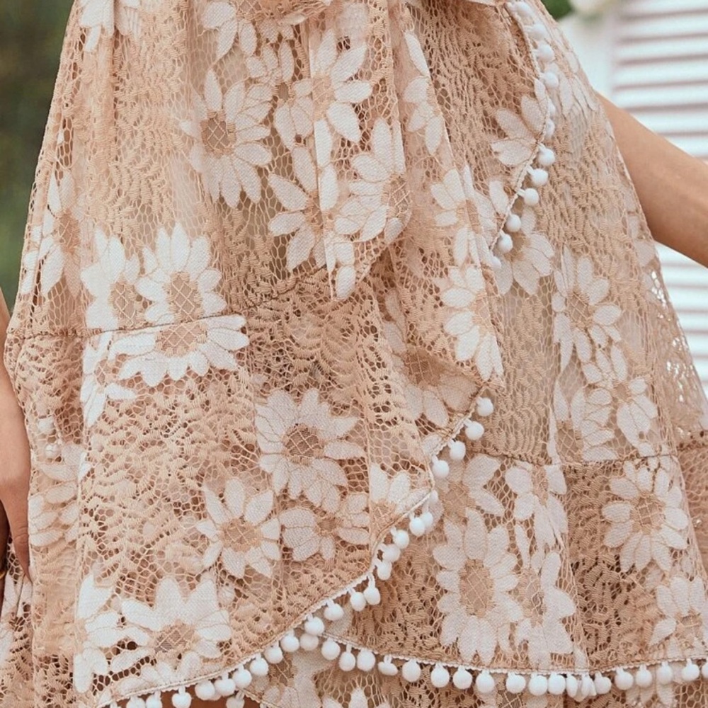 Embroidered boho lace pom pom dress ruffle floral - Picture 2 of 3